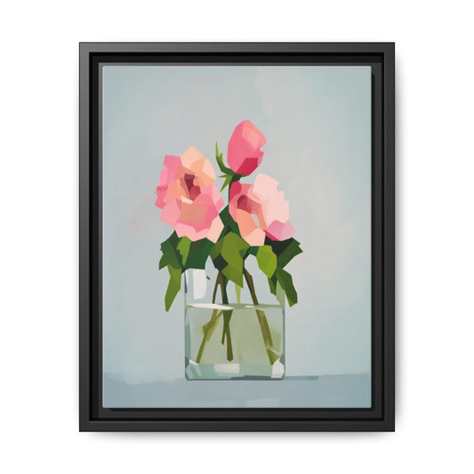 Framed Floral Canvas Print — Pink Roses in Glass Vase (Matte)