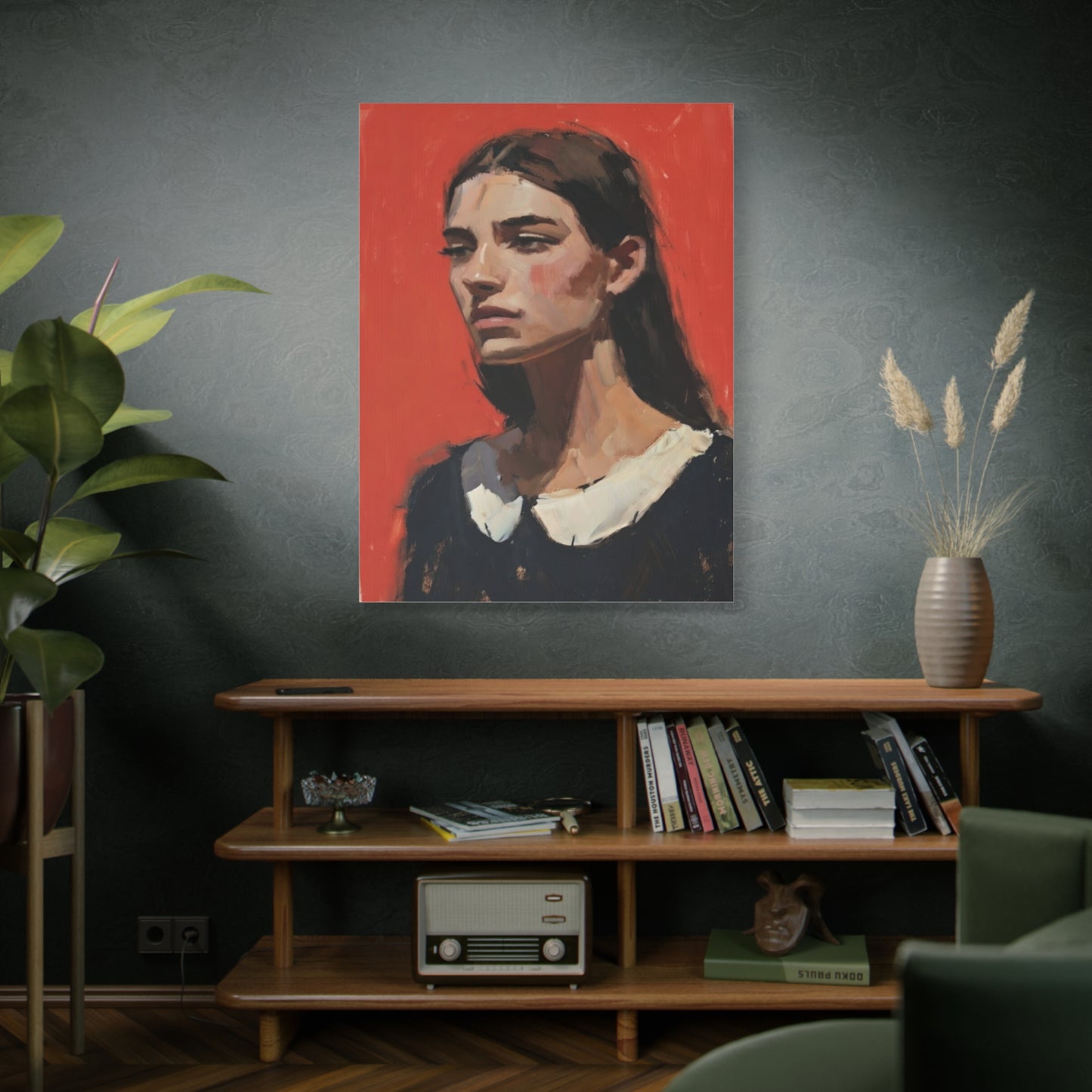 Portrait Canvas Print — Moody Red Figurative Art on Matte Stretched Canvas