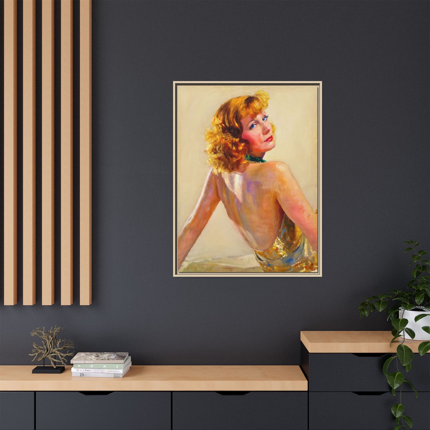 Framed Matte Canvas Print — Vintage Portrait of Redhead Greta Garbo in Gold Dress