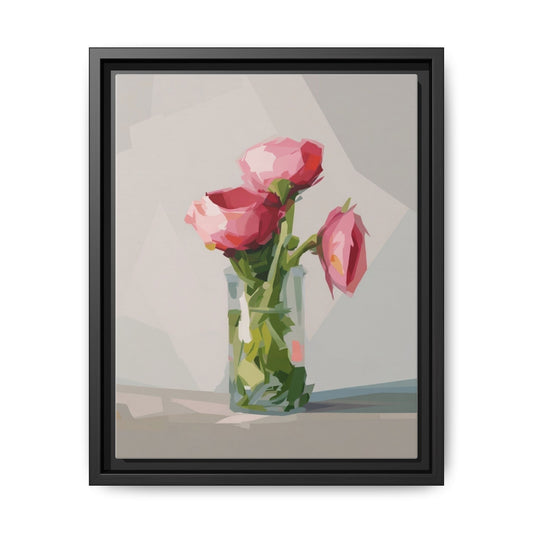 Framed Canvas Art — Pink Roses in Vase, Modern Floral Wall Print