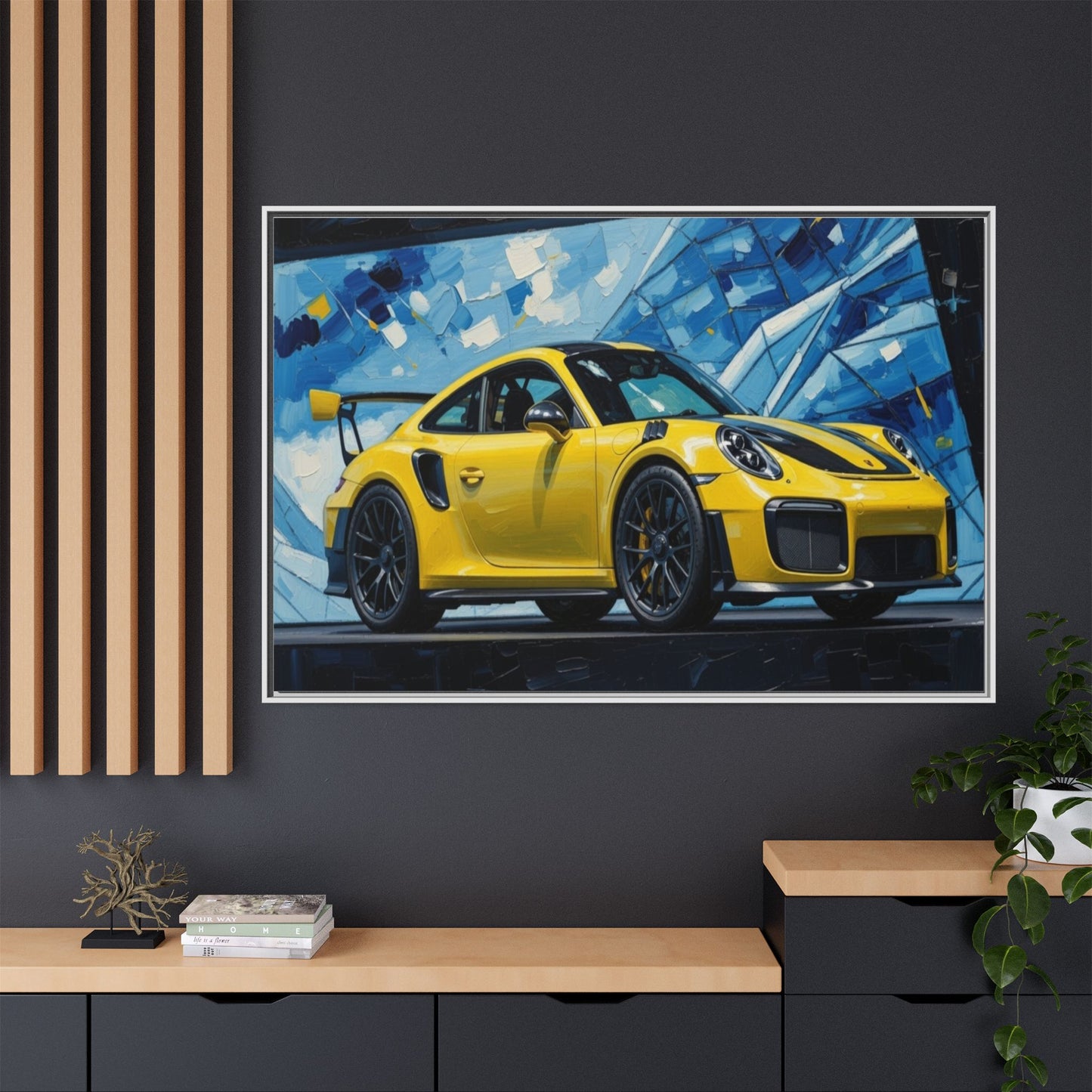 Yellow Porsche Sports Car Matte Framed Canvas – Modern Automotive Wall Art