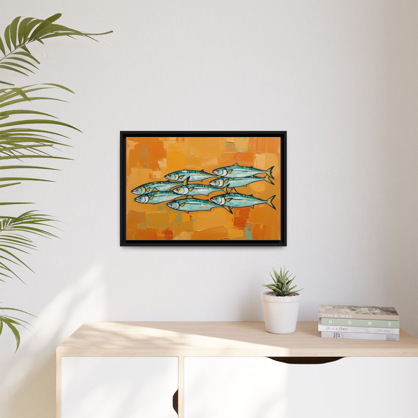 Framed Matte Canvas Print — School of Blue Fish on Orange Abstract Background