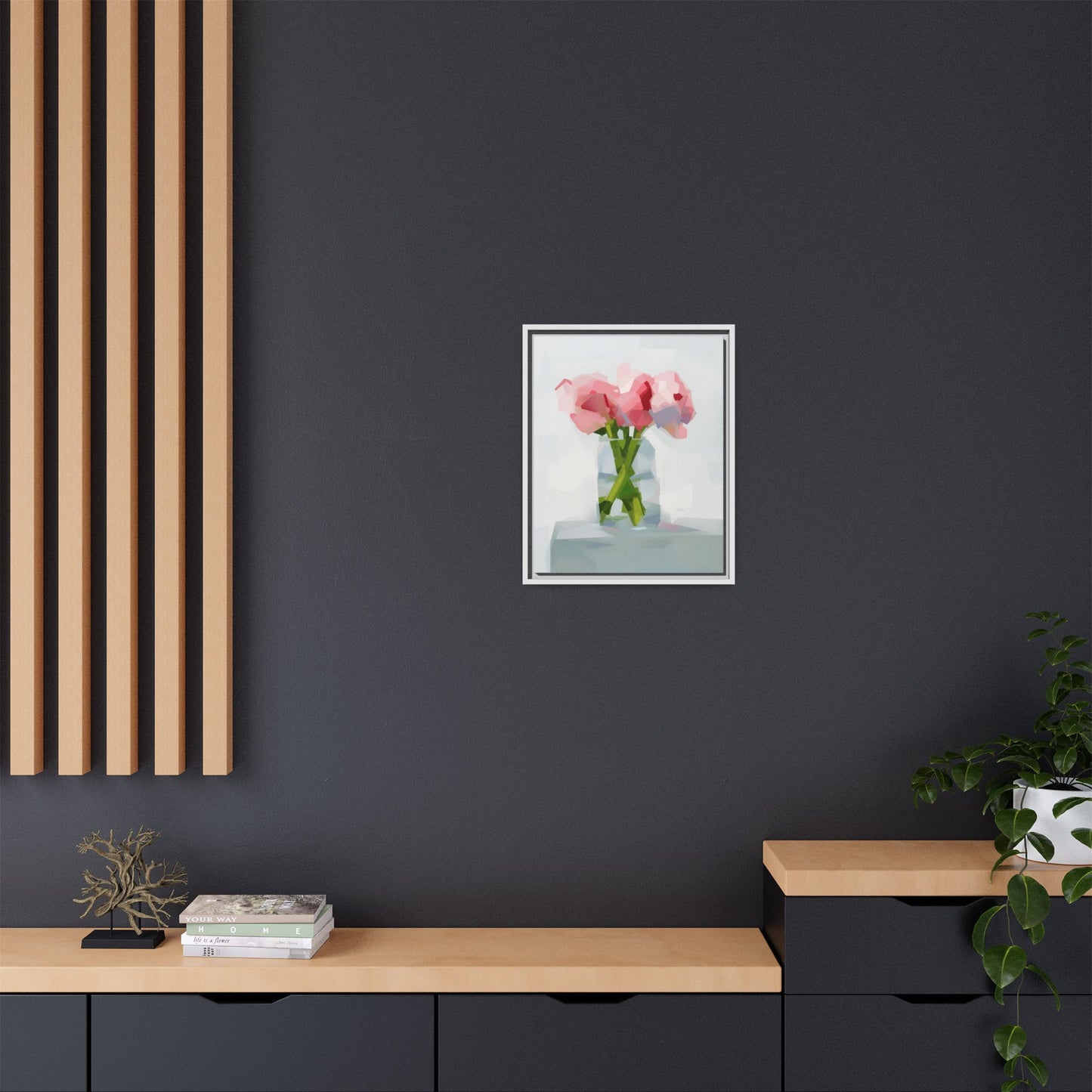Framed Floral Canvas Art — Pink Peonies in Vase (Matte)