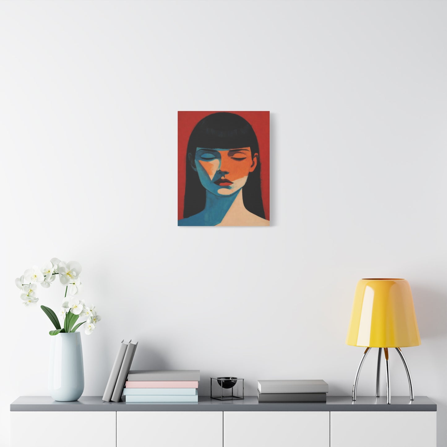 Portrait Canvas Wall Art — Modern Minimalist Woman in Red & Blue