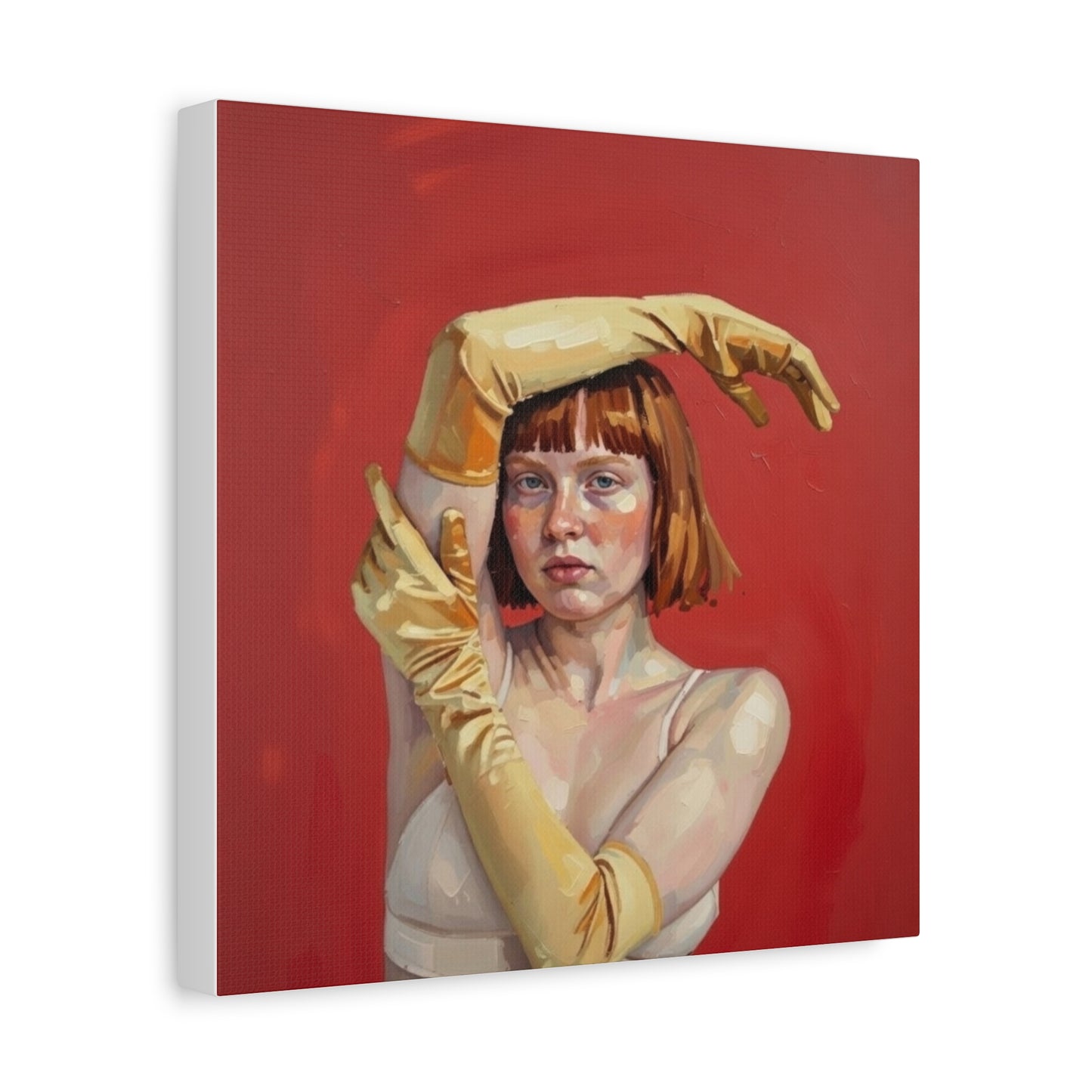 Figurative Portrait Canvas — Woman with Yellow Gloves on Red Background