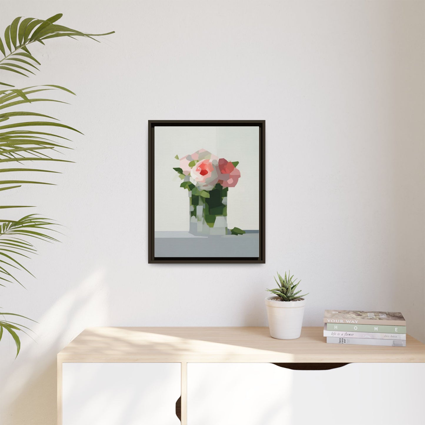 Framed Floral Canvas Print — Modern Pink Roses Still Life