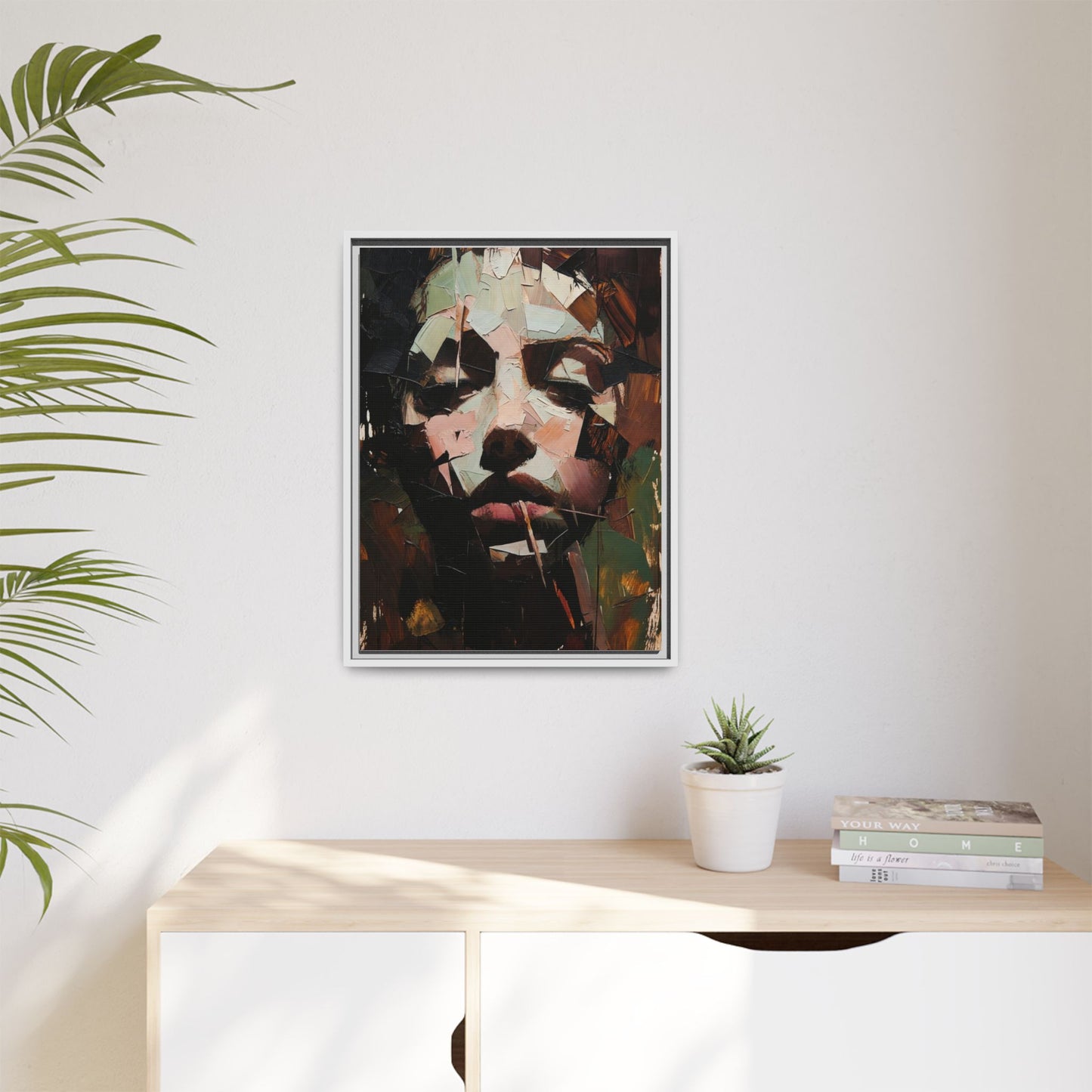 Matte Framed Canvas Art — Abstract Female Portrait, Moody Multicolor