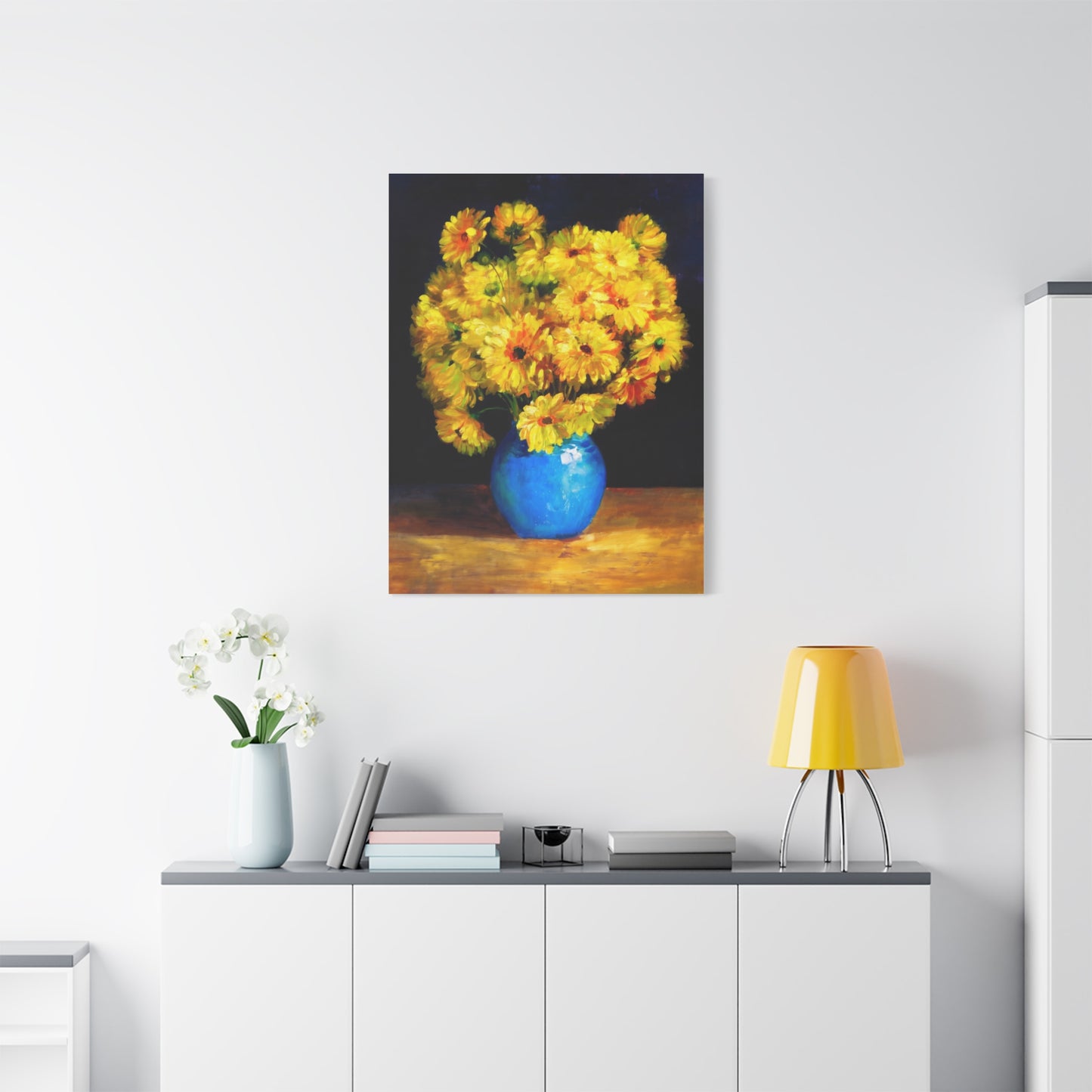 Yellow Chrysanthemum Canvas Wall Art — Blue Vase Floral Painting (Stretched Matte)