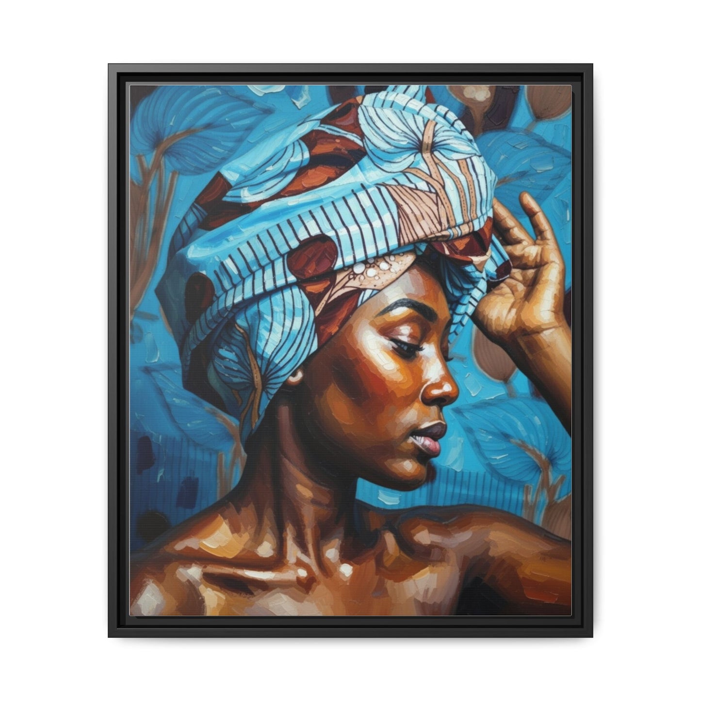 Framed Canvas Art — Portrait of Woman in Blue Headwrap
