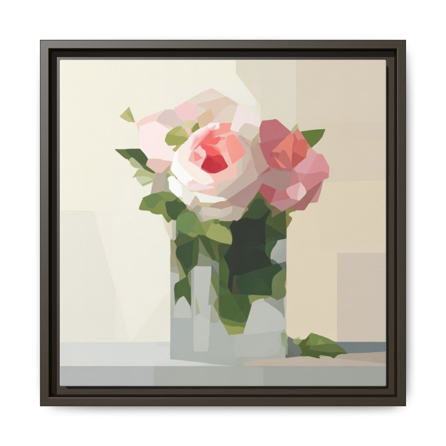 Framed Floral Canvas Print — Geometric Pink Rose Wall Art
