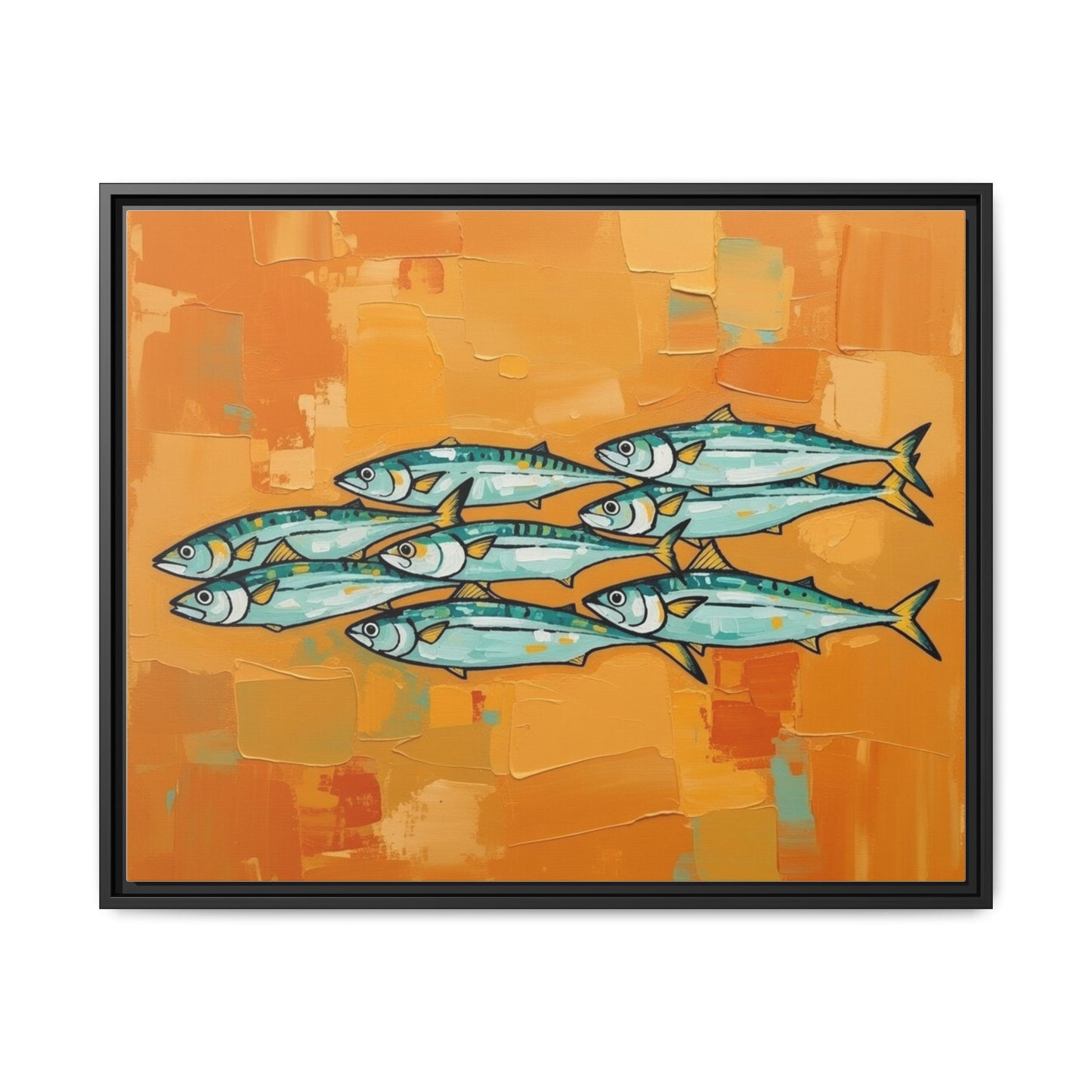 Framed Matte Canvas Print — School of Blue Fish on Orange Abstract Background