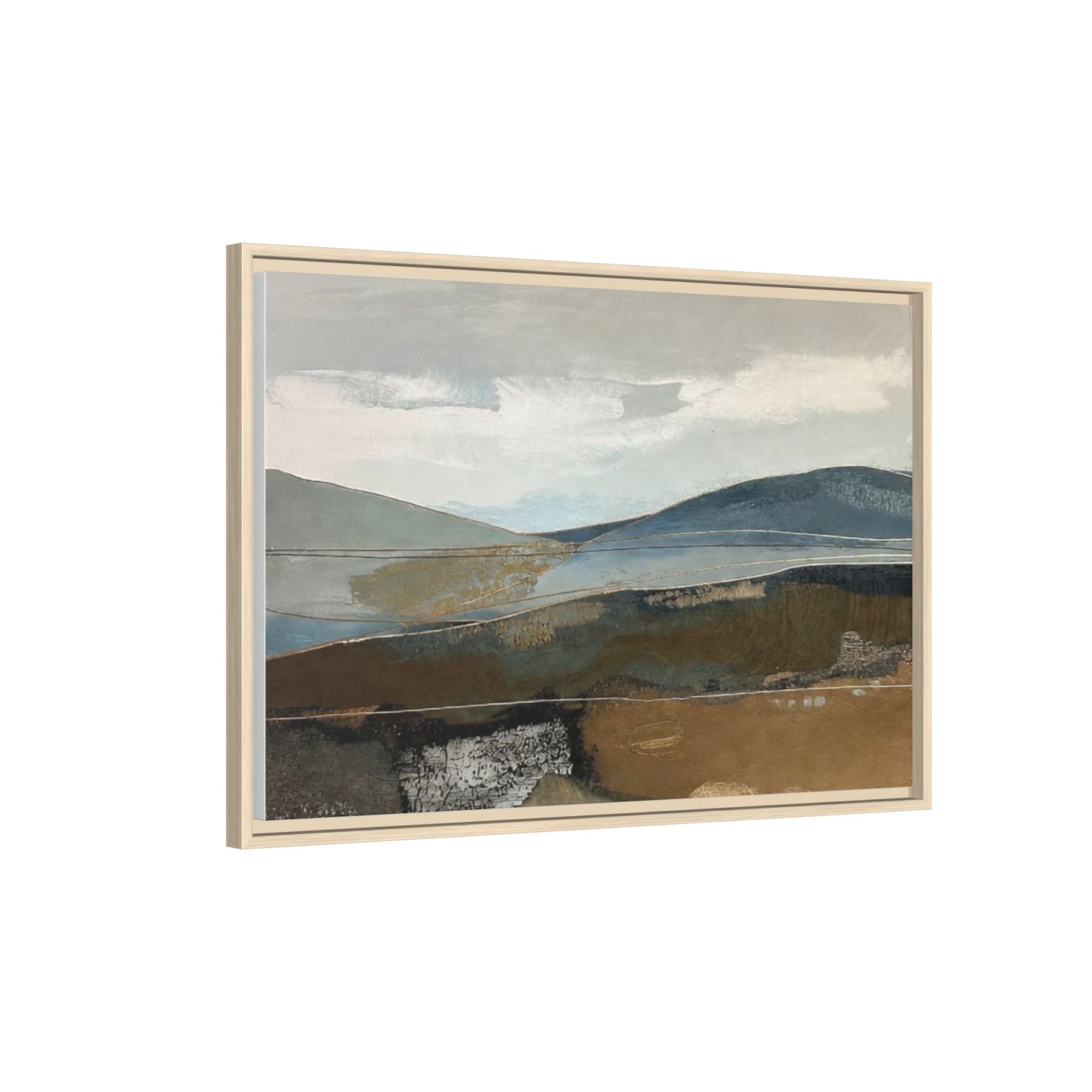 Framed Matte Canvas Landscape Art - Serene Abstract Hills in Blue & Earth Tones