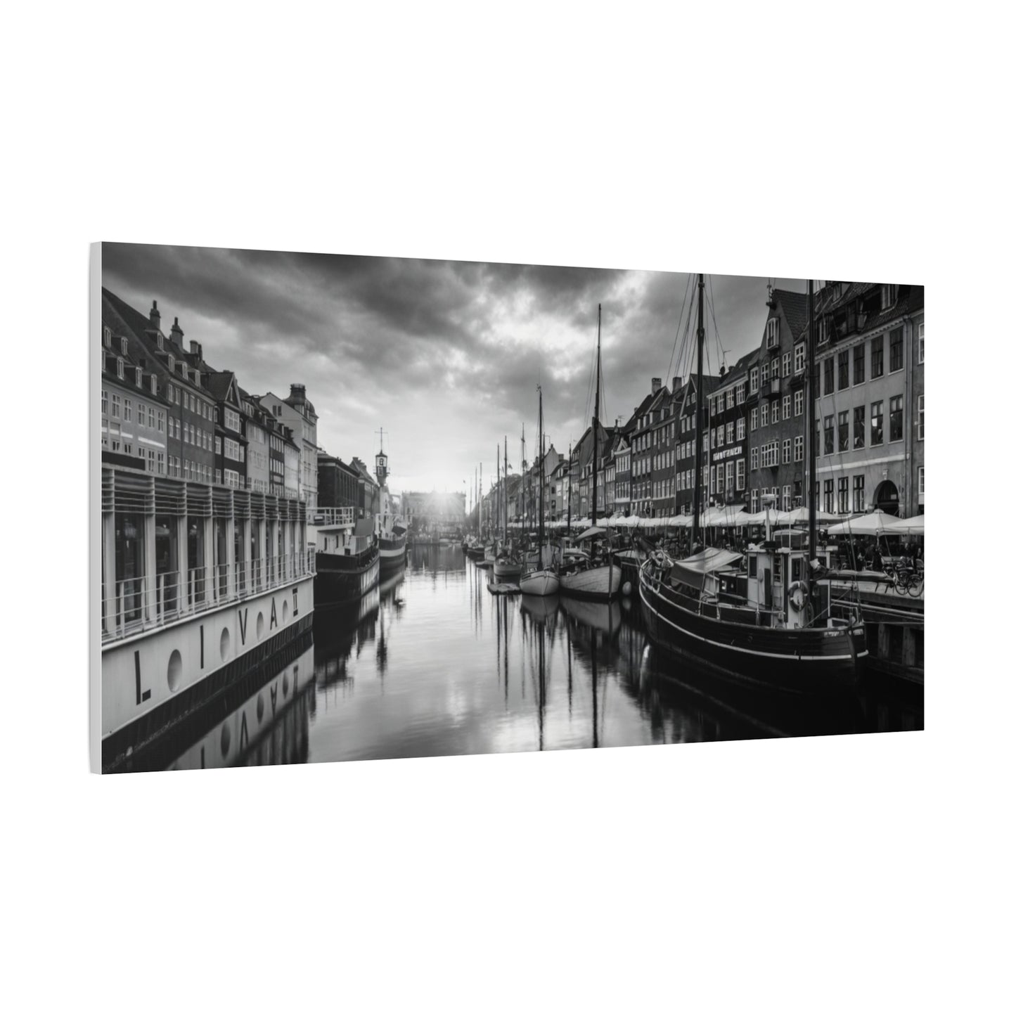 Black & White Harbor Canvas Print — Dramatic Copenhagen Cityscape Wall Art