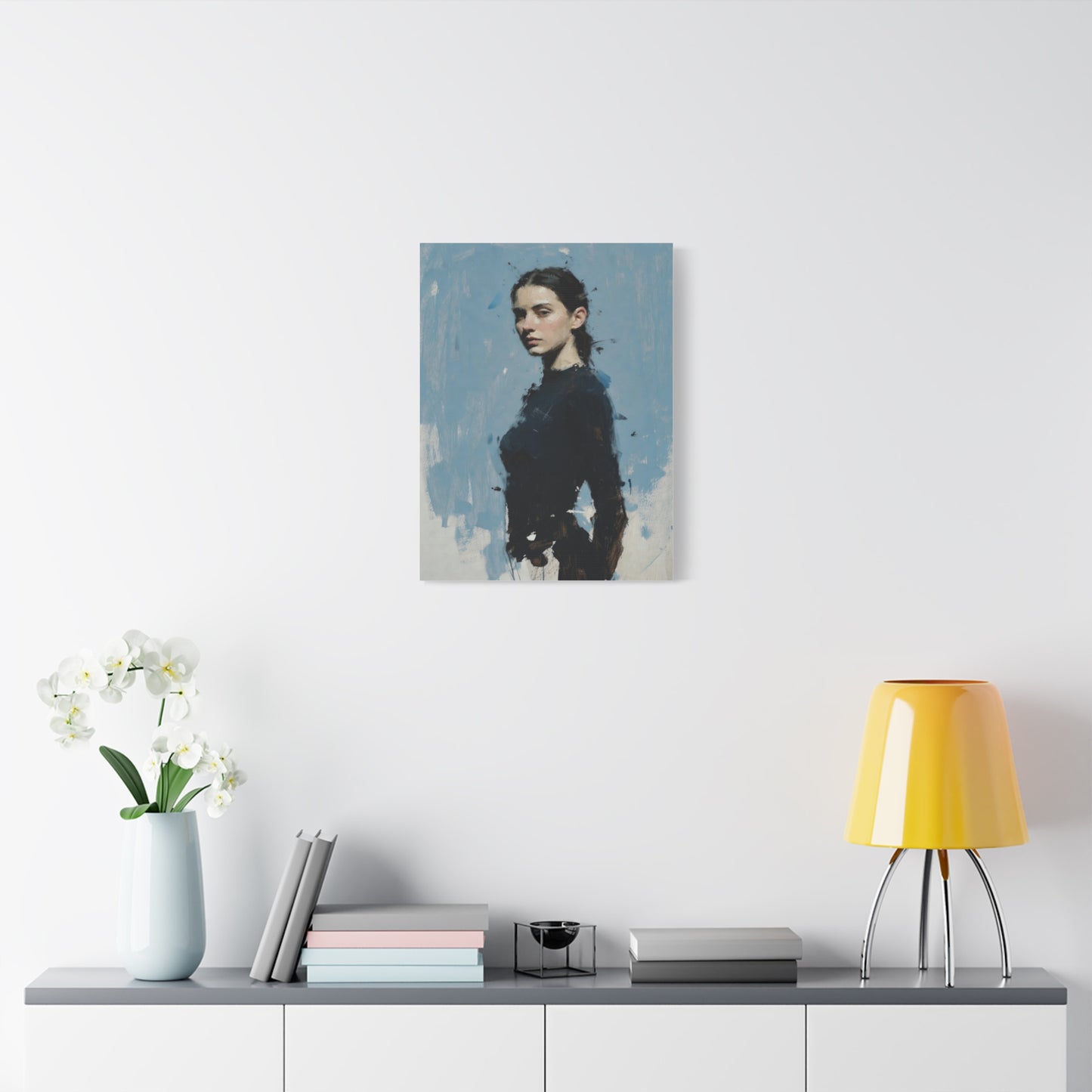 Matte Stretched Canvas Print — Portrait of a Young Woman, Moody Blue Figurative Art