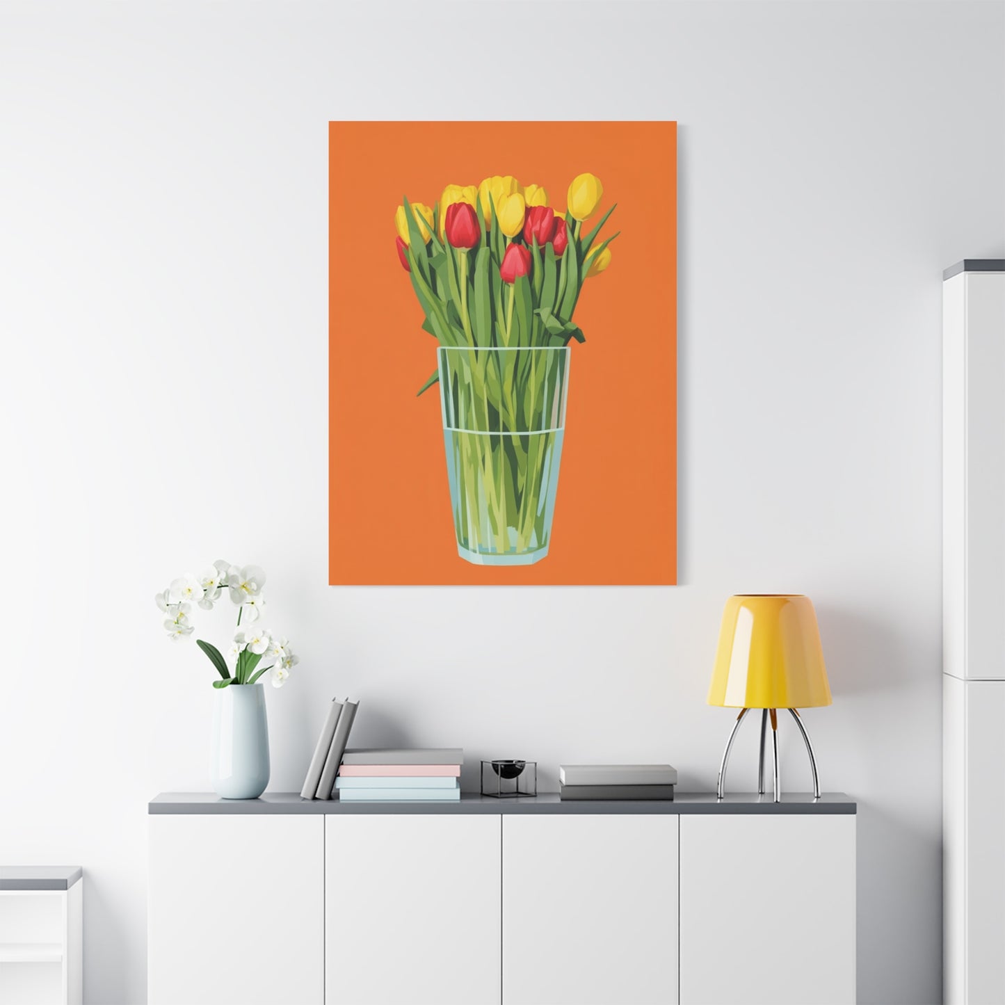 Tulip Bouquet Canvas Wall Art – Glass Vase on Orange
