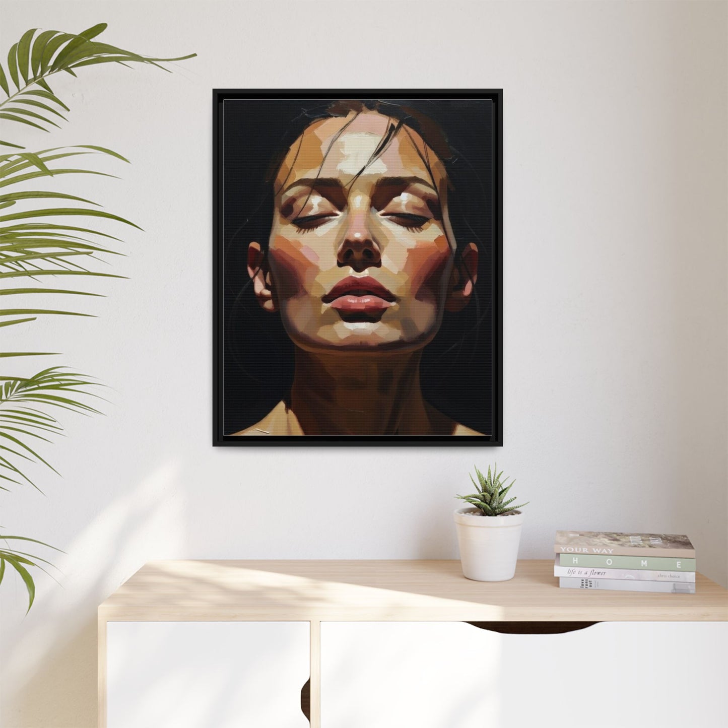 Framed Matte Canvas Portrait – Woman with Eyes Closed (Multi‑Color)