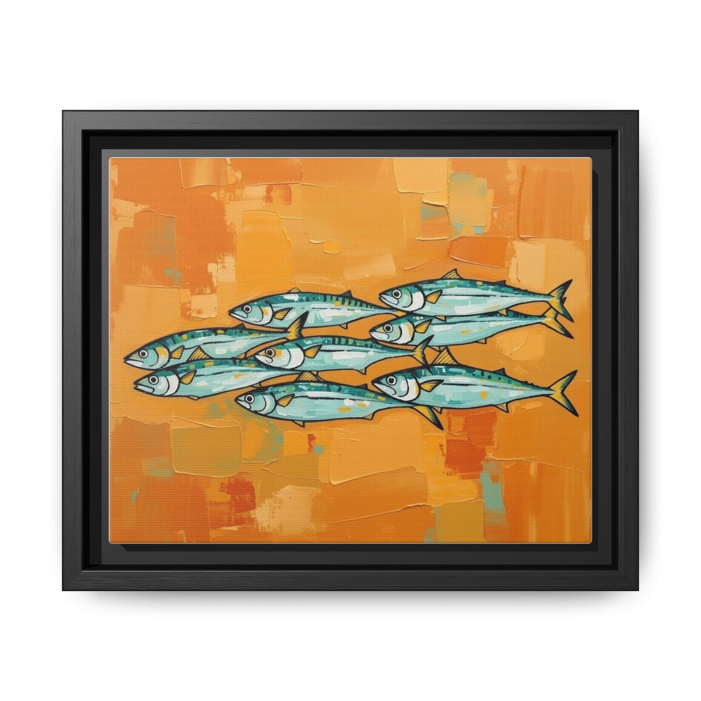 Framed Matte Canvas Print — School of Blue Fish on Orange Abstract Background