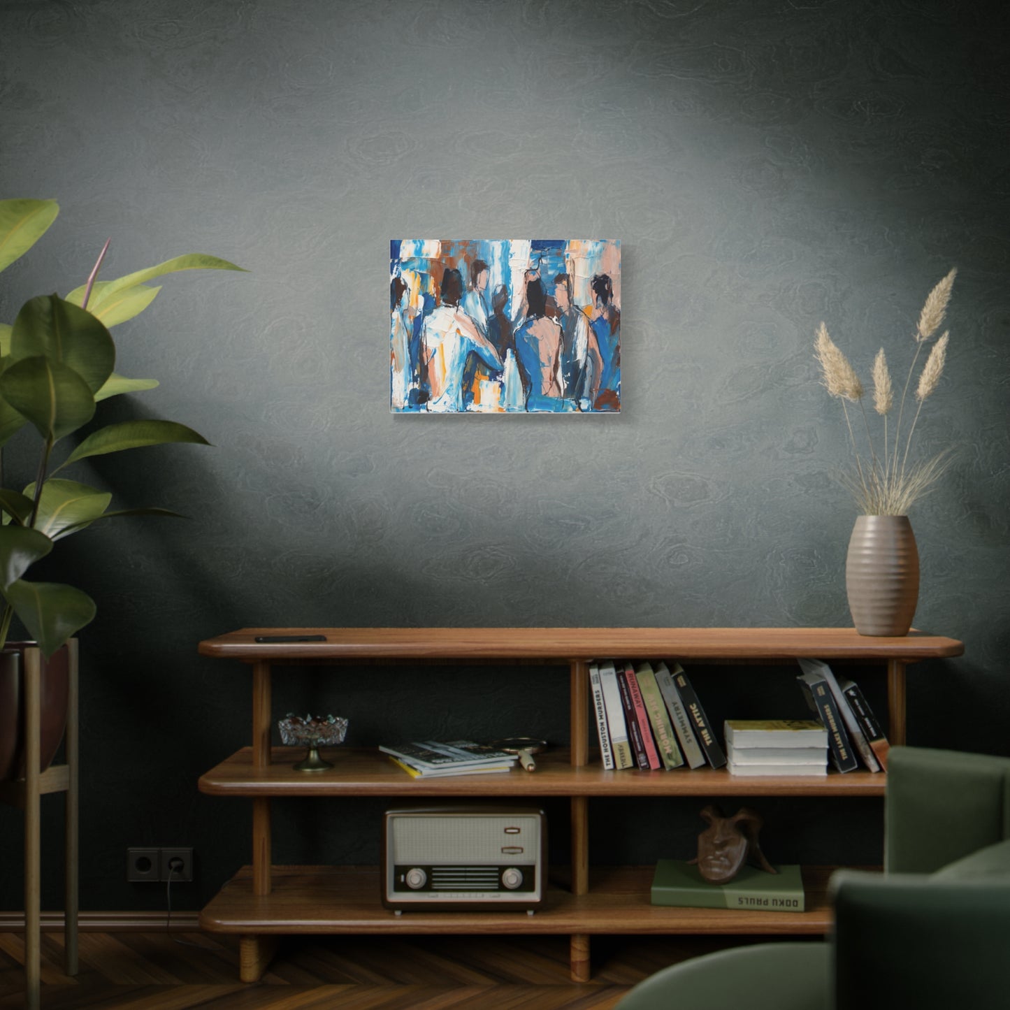 Abstract Figurative Canvas Art — Blue Social Scene Matte Stretched Canvas