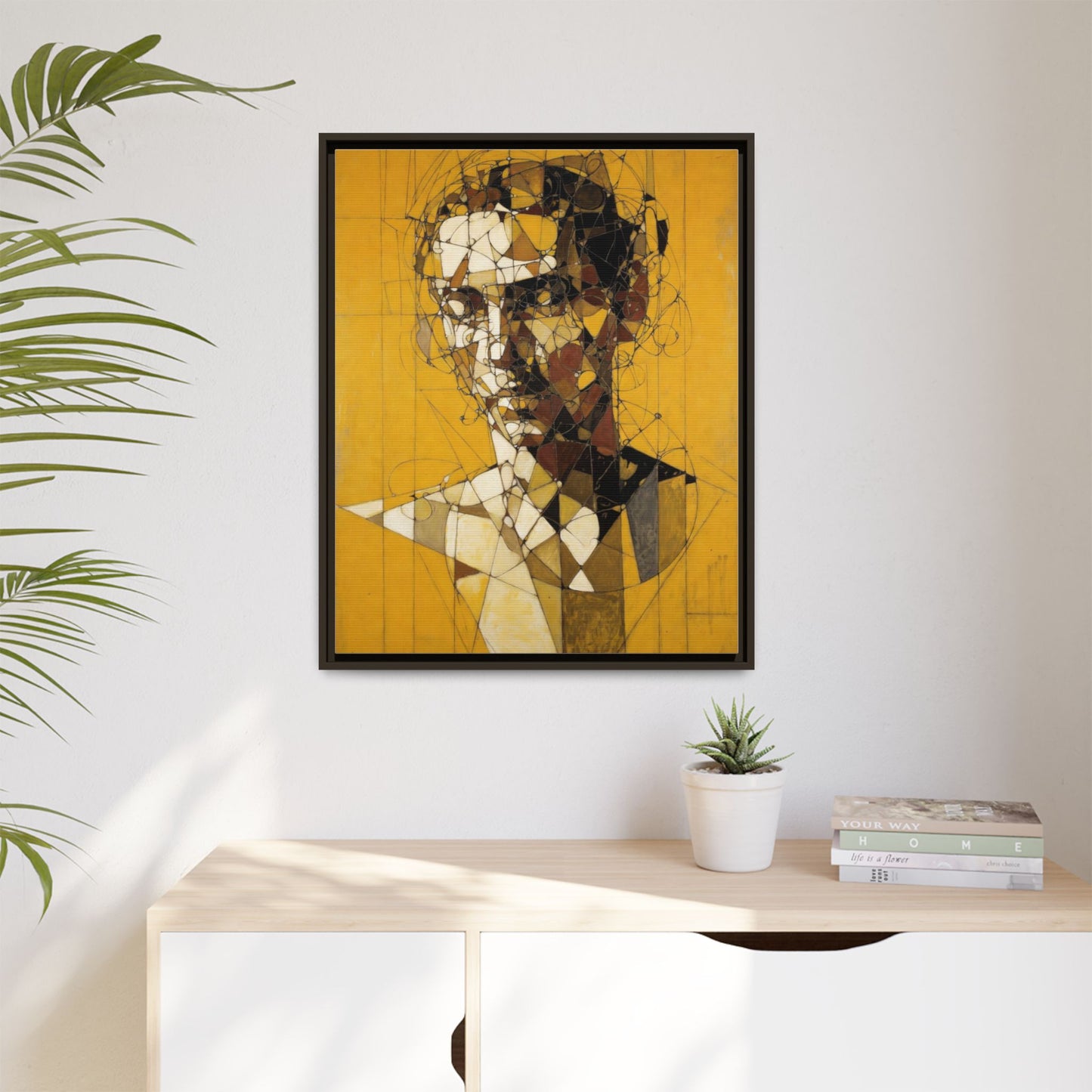 Framed Matte Canvas Art - Abstract Geometric Portrait on Mustard Yellow