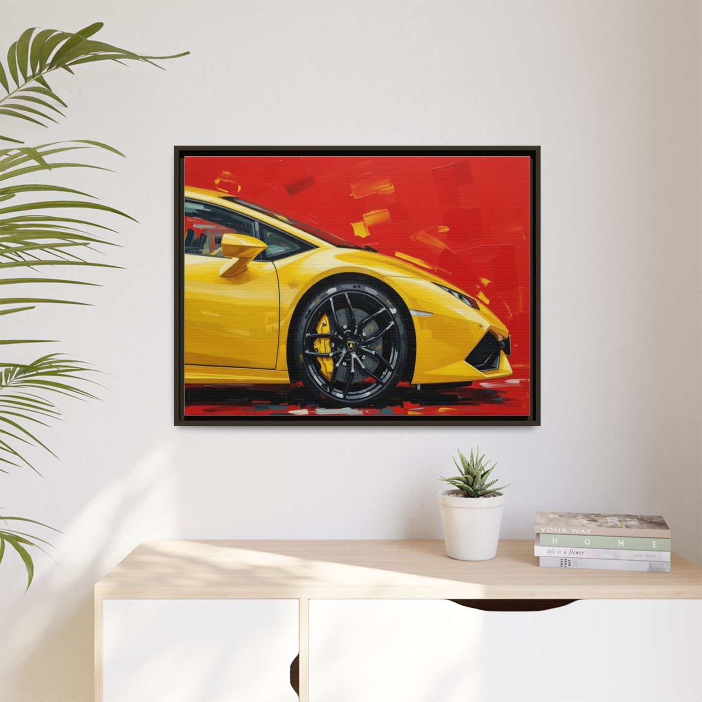 Yellow Sports Car Matte Canvas Print — Framed Automotive Wall Art
