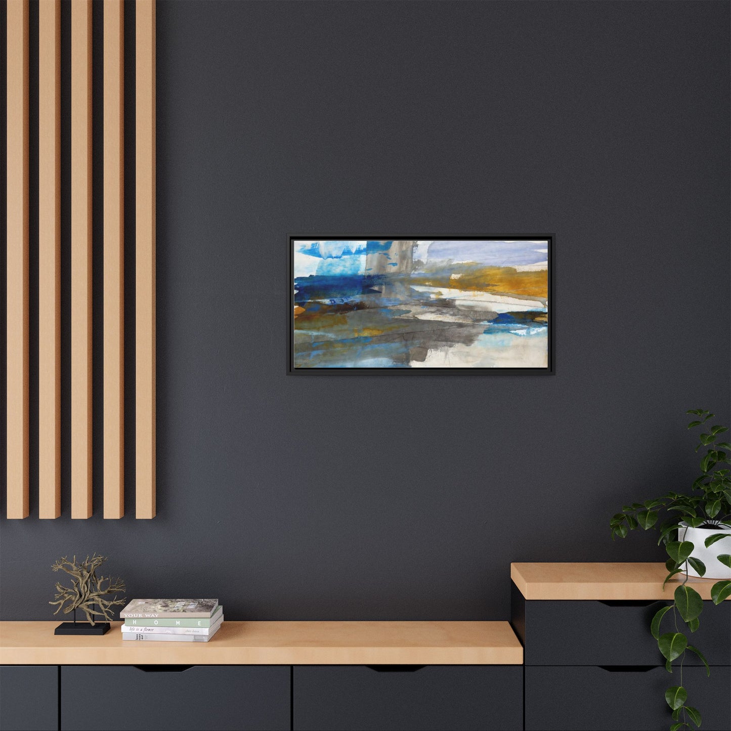 Abstract Blue & Gold Framed Canvas Art — Matte Multi-Color Wall Print