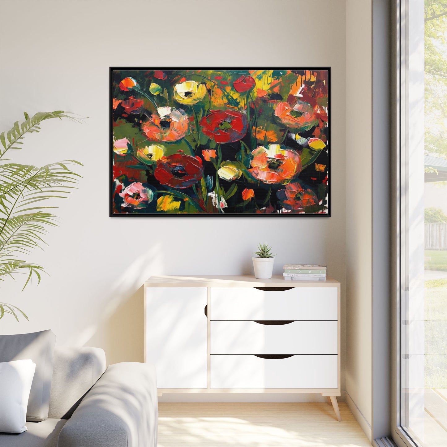 Framed Floral Canvas Print — Vibrant Abstract Poppies Wall Art