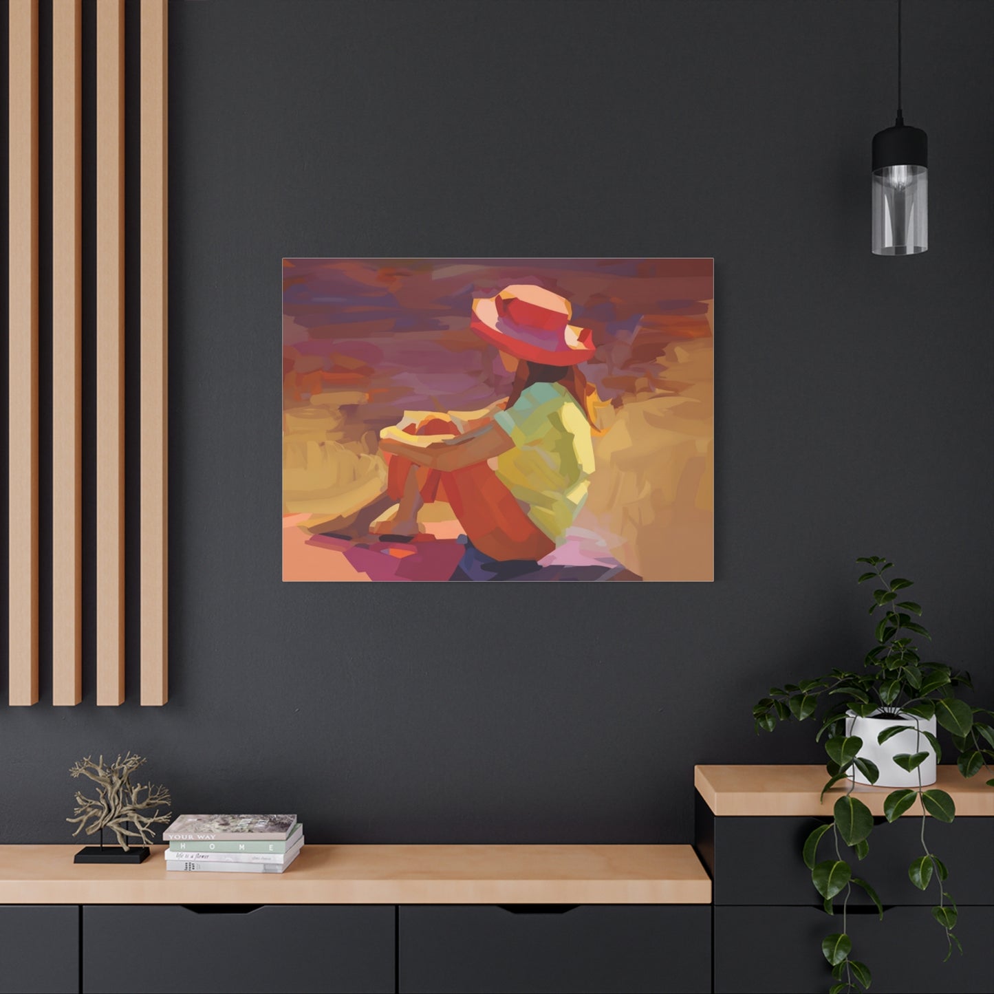 Sunset Daydream Canvas Art — Girl in Hat Matte Stretched Wall Art