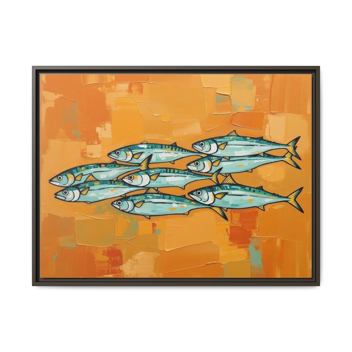 Framed Matte Canvas Print — School of Blue Fish on Orange Abstract Background
