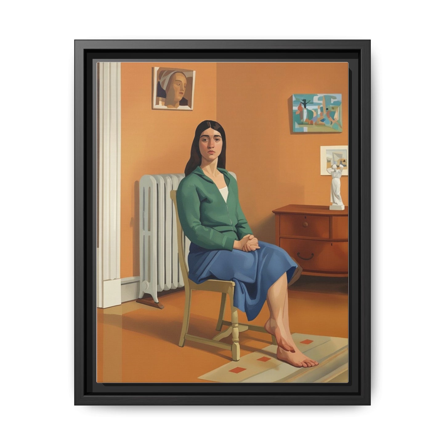 Framed Matte Canvas Print — Woman Seated in Warm Interior (Midcentury Portrait)