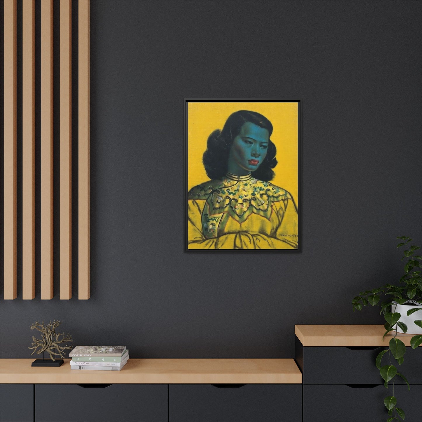 Framed Matte Canvas Art Print — Vintage Portrait with Yellow Background