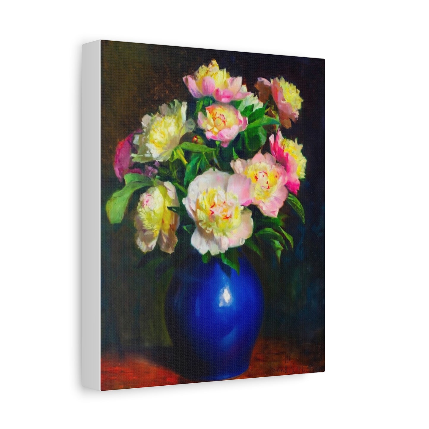 Peony Bouquet Canvas Print — Pink Peonies in Blue Vase, Stretched Matte Wall Art