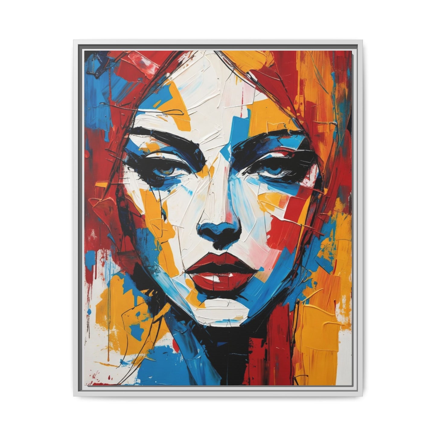 Framed Abstract Portrait Canvas — Colorful Female Face Wall Art