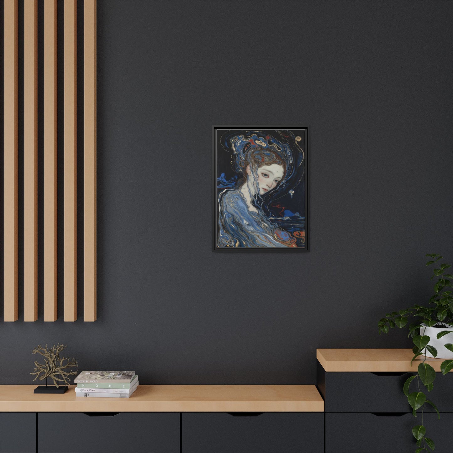 Framed Matte Canvas Art Print — Surreal Blue Maiden Portrait