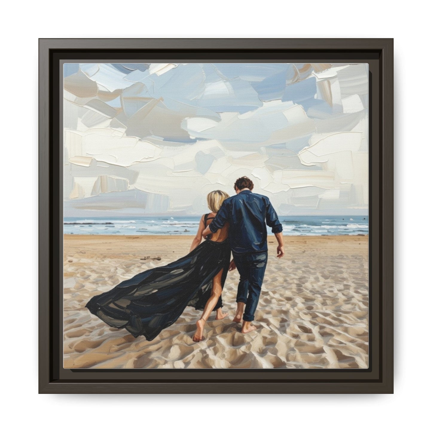 Framed Canvas Wall Art — Romantic Couple Walking on Beach Print