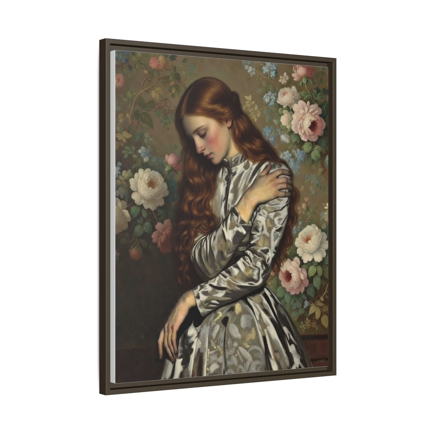 Framed Matte Canvas Art — Vintage Floral Portrait of a Young Woman