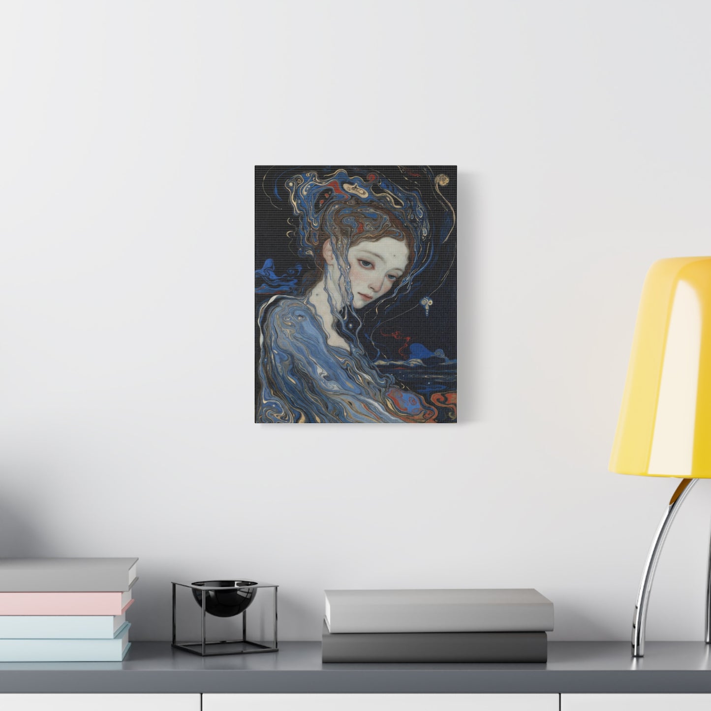 Ethereal Siren Matte Canvas Wall Art — Surreal Blue Portrait, Stretched 1.25"
