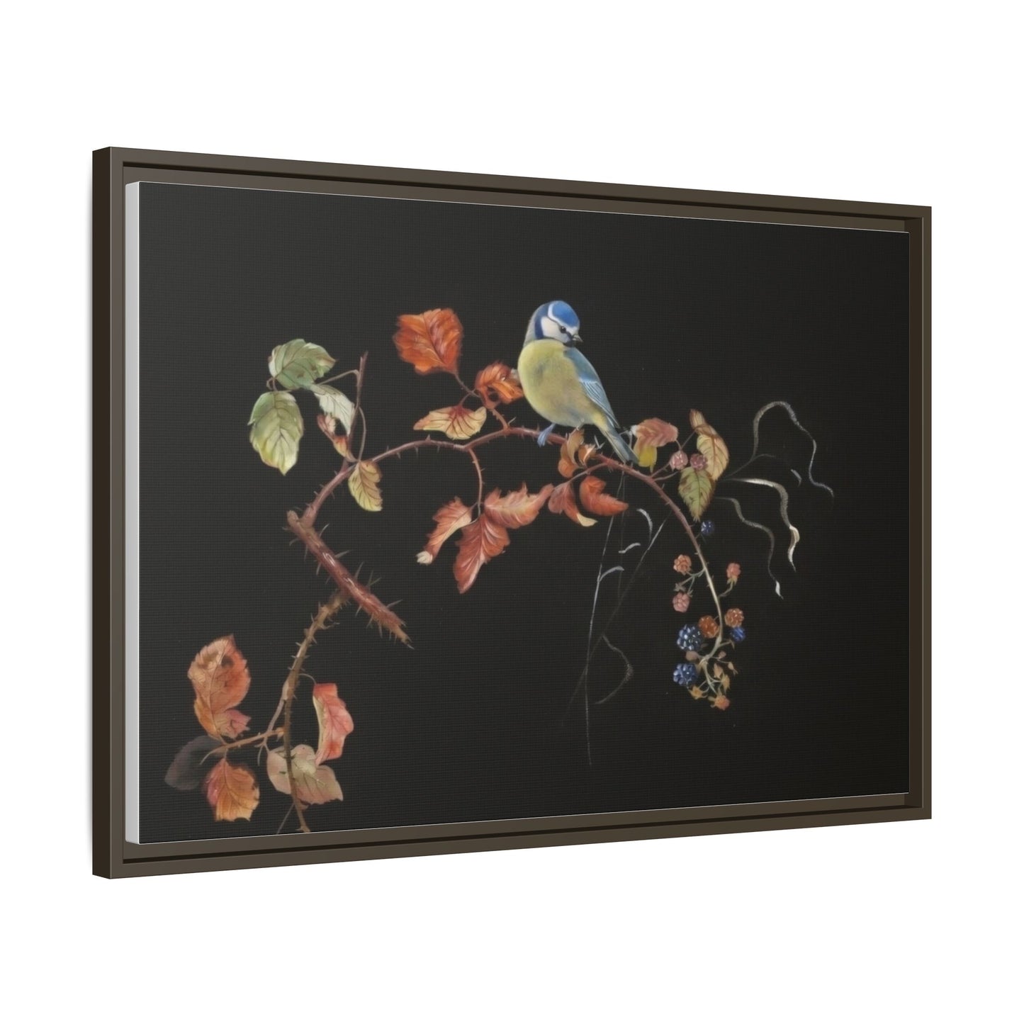 Framed Matte Canvas - Blue Tit on Autumn Branch Wall Art