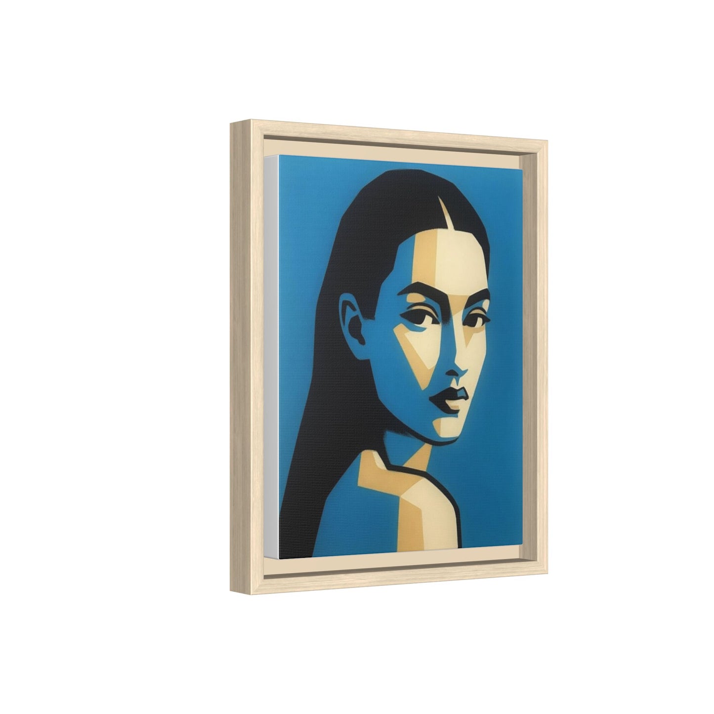 Framed Pop Art Portrait Canvas — Blue Geometric Woman Print