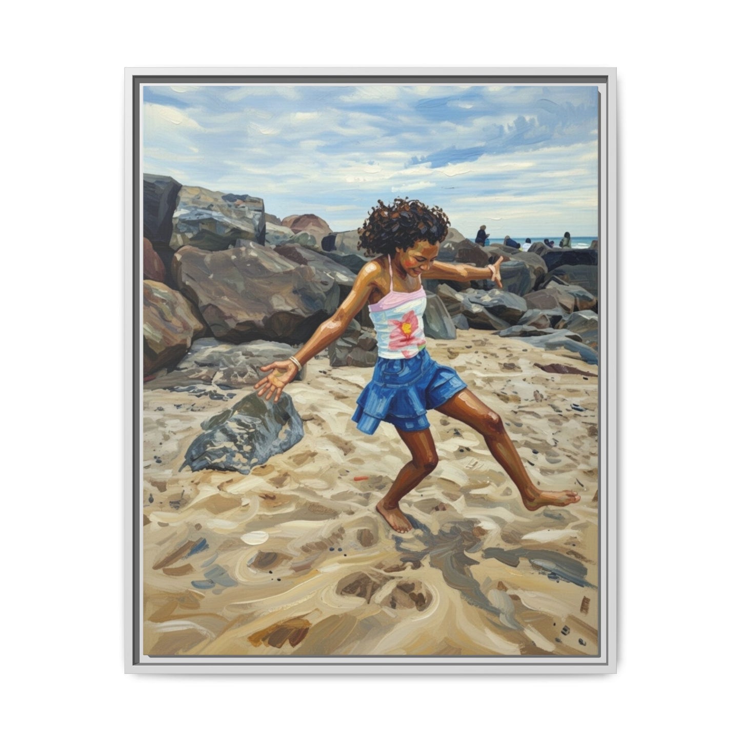 Framed Canvas Art - Girl Dancing on the Beach (Matte Multi-Color)