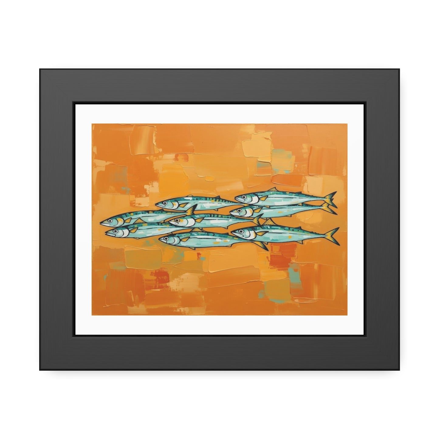 Framed Fish Art Print — School of Mackerel on Orange Abstract Background