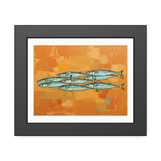Framed Fish Art Print — School of Mackerel on Orange Abstract Background