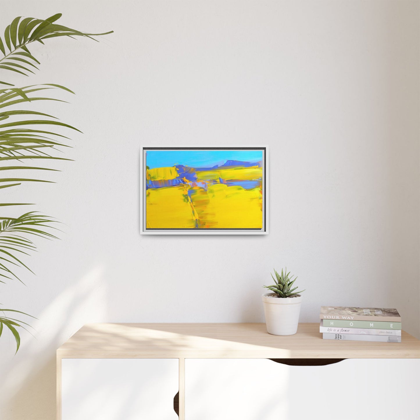 Framed Matte Canvas  Vibrant Yellow Blue Abstract Landscape Art