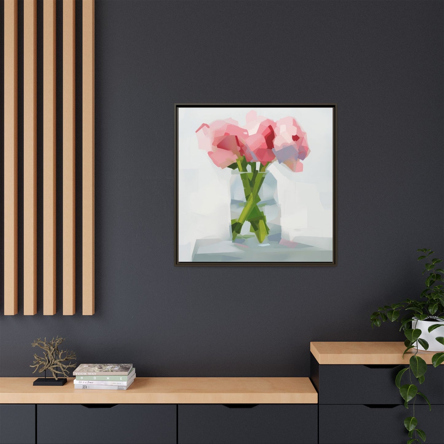 Framed Floral Canvas Art — Pink Peonies in Vase (Matte)