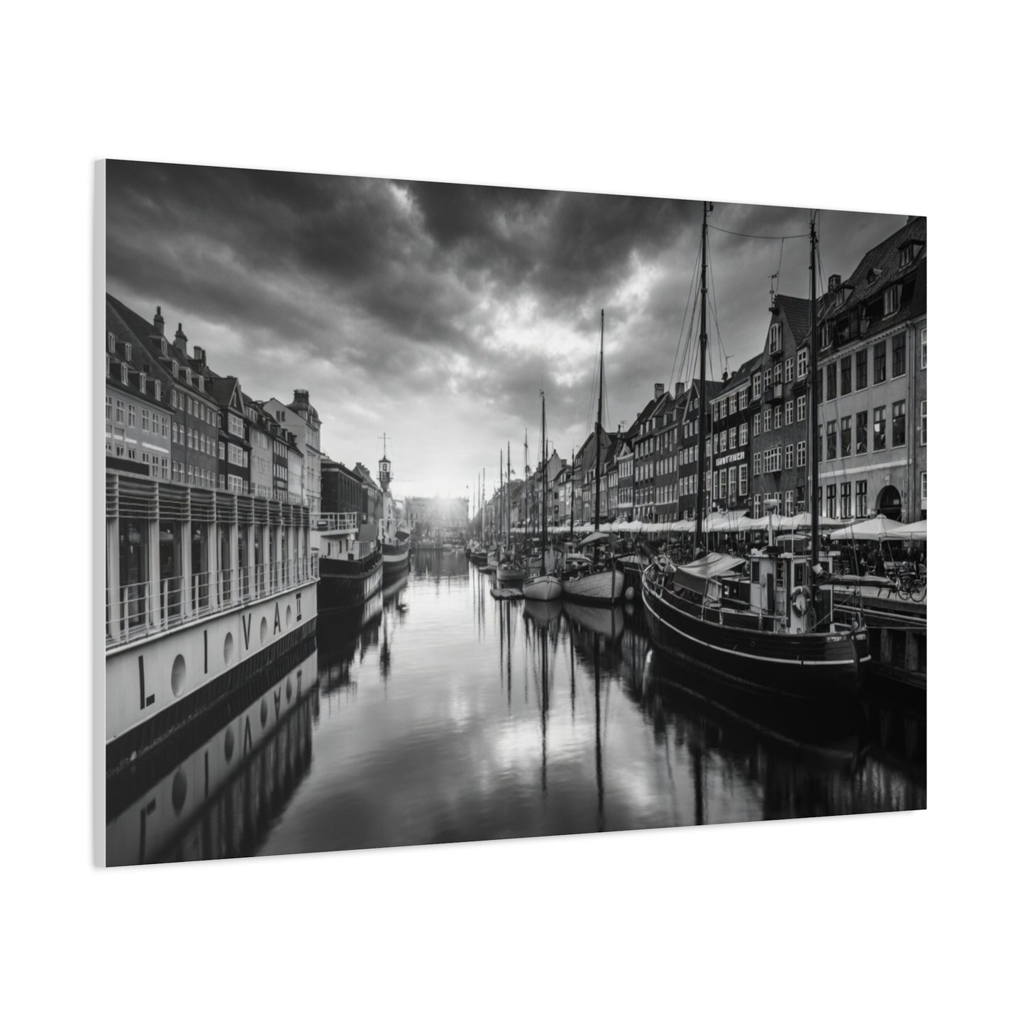 Black & White Harbor Canvas Print — Dramatic Copenhagen Cityscape Wall Art