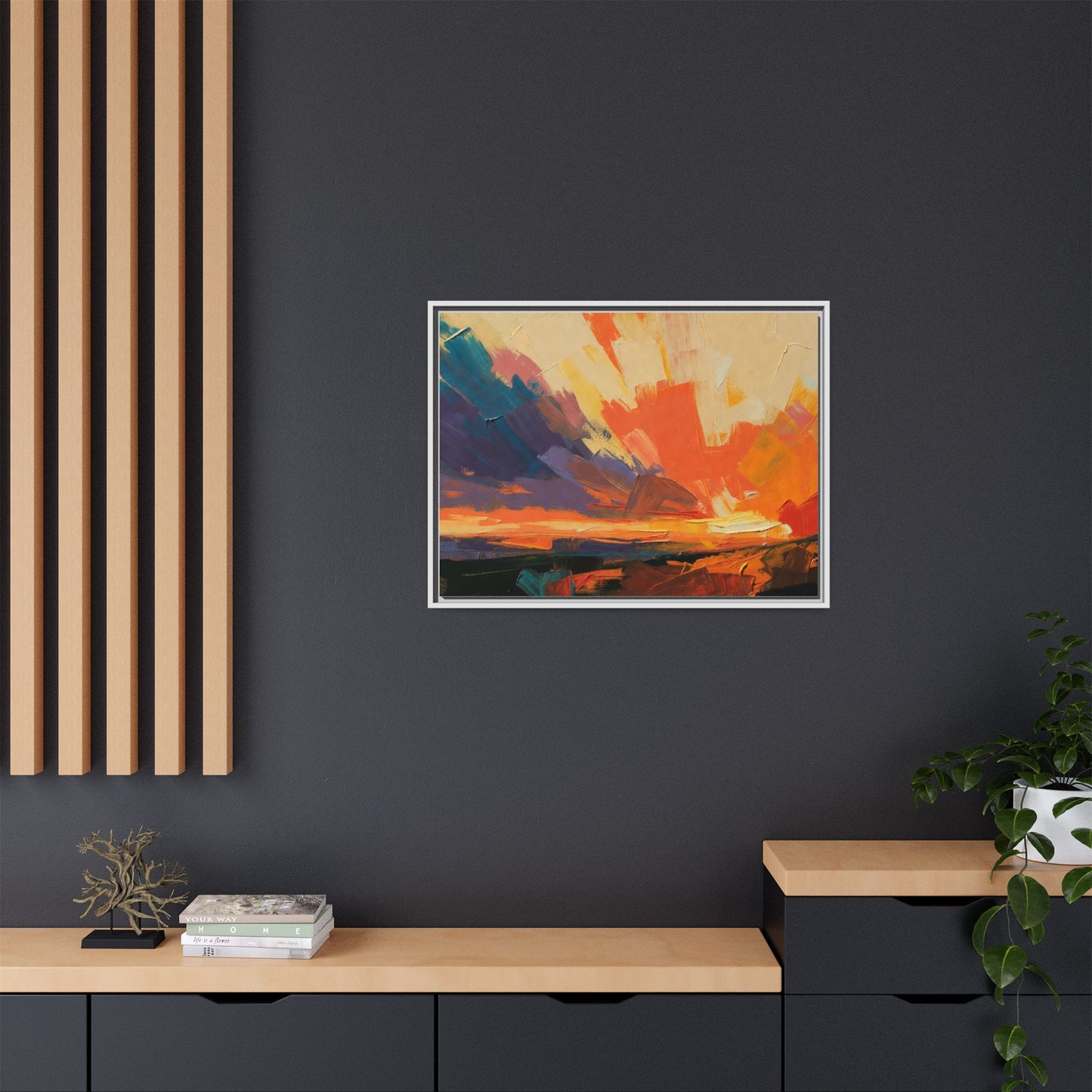 Framed Abstract Sunset Canvas Art – Multicolor Matte Wall Decor