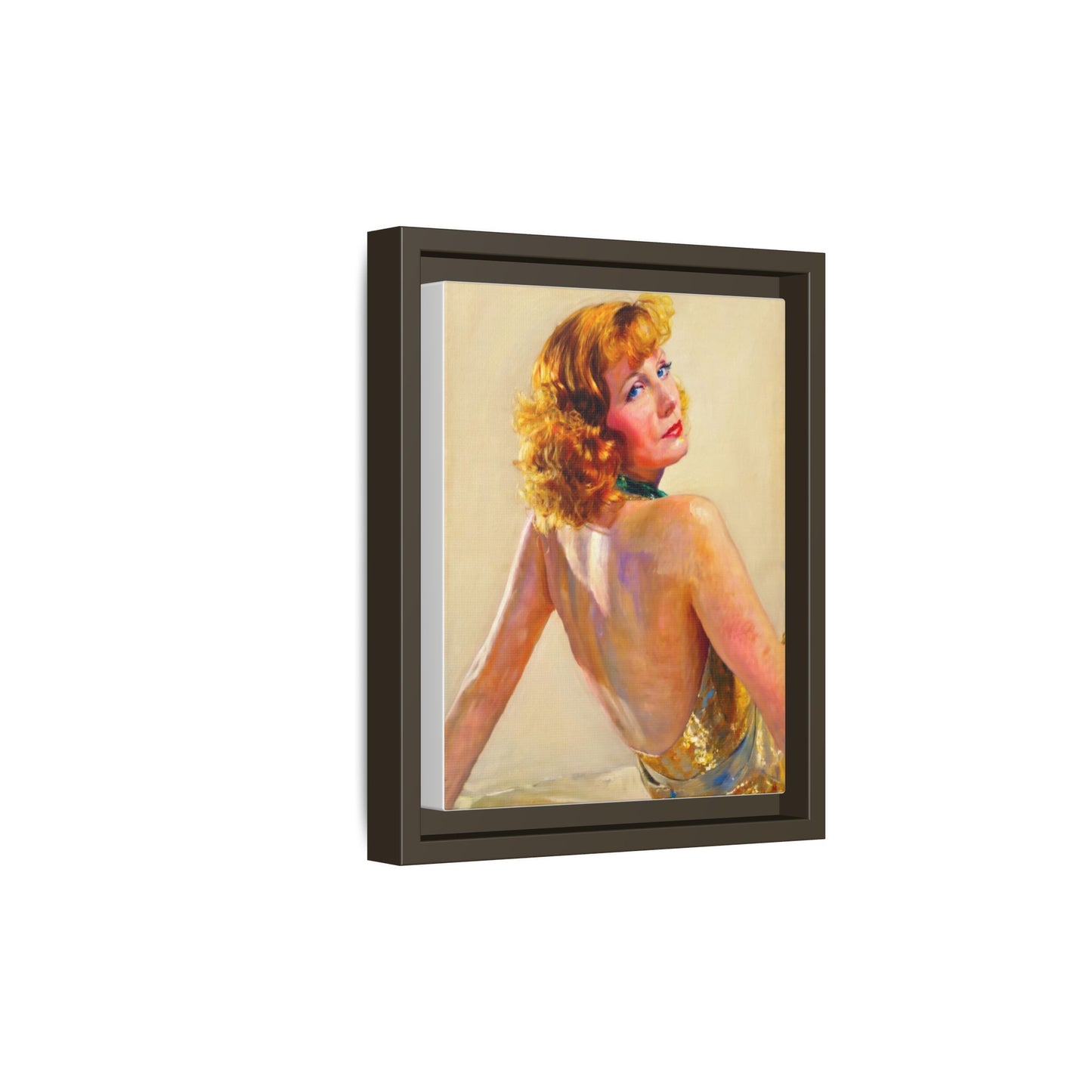 Framed Matte Canvas Print — Vintage Portrait of Redhead Greta Garbo in Gold Dress