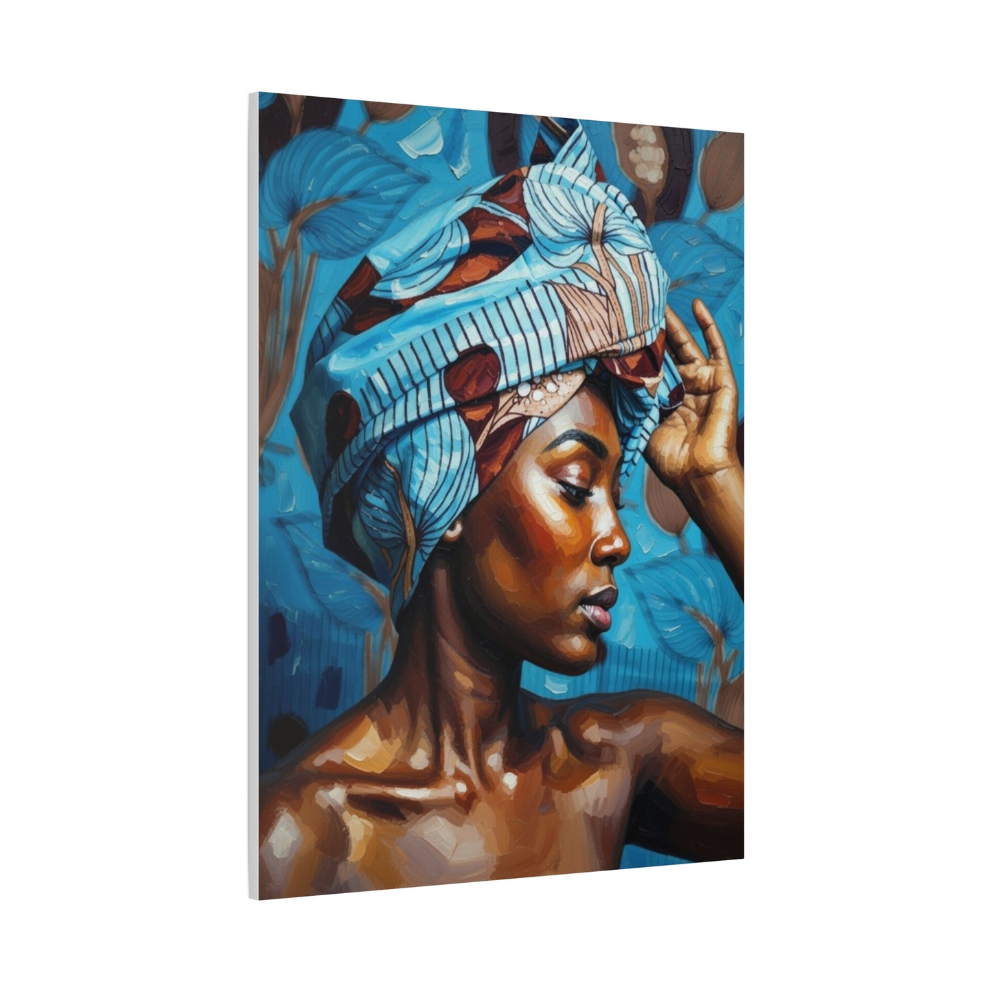 African Woman Portrait Canvas Wall Art - Blue Headwrap Matte Stretched Canvas