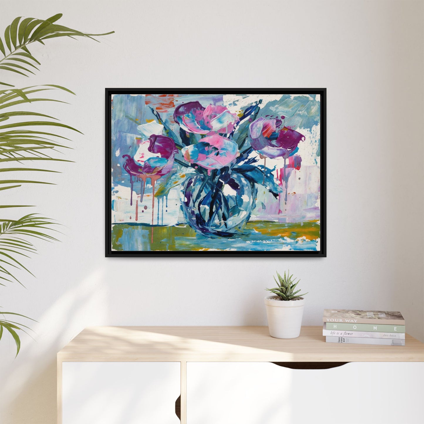 Framed Floral Canvas Art — Abstract Pink & Blue Bouquet
