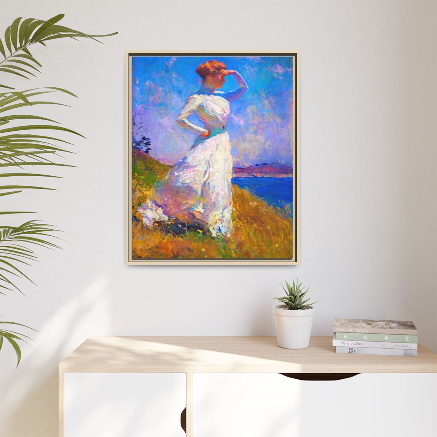 Framed Matte Canvas Art - Woman in White Seaside Impressionist Print
