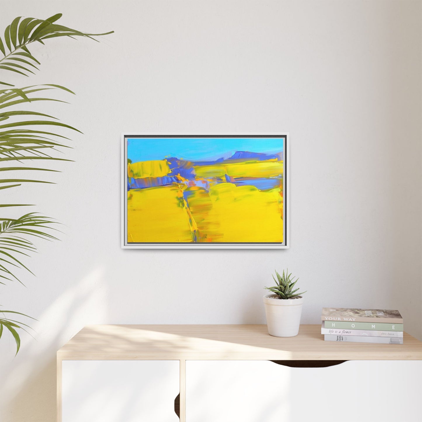 Framed Matte Canvas  Vibrant Yellow Blue Abstract Landscape Art